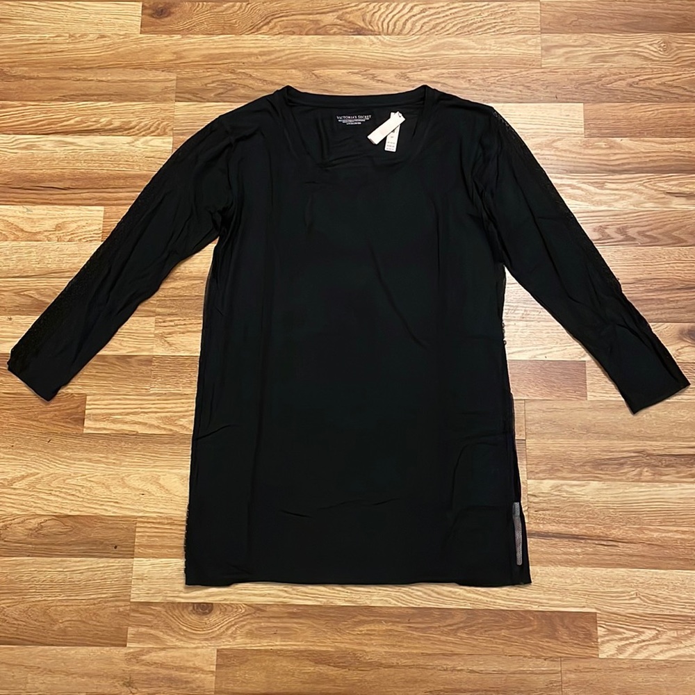 NWT VS Black Modal Lace-Trim LS Sleep shirt, size S
